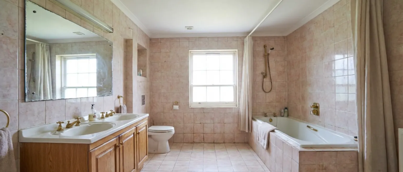 Before bathroom remodeling project in Los Angeles showing outdated tile, bathtub, vanity, and old layout
