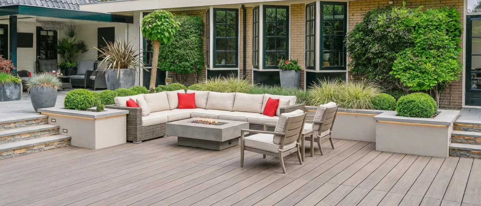 After outdoor living deck remodeling project in Los Angeles with modern seating, fire pit, and upgraded deck design